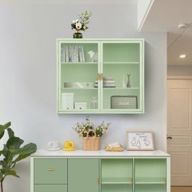 Modern Double Door Wall Cabinet With Glass Door With Three Levels Of Storage For Entrance Living Room, Bathroom, Dining Room, Mint Green Unavailable P