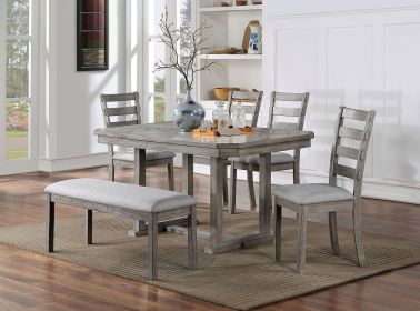 Dining Table 4x Side Chairs Bench 6pcs Dining Set Grey Finish Dining Room Furniture Fabric Seat Rustic Style