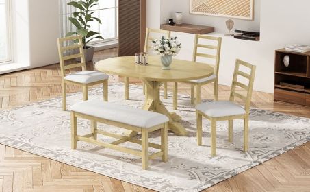 TOPMAX Farmhouse 6-Piece 60inch Extendable Pedestal Dining Table Set with 18inch Removable Leaf, 44inch Bench and 4 Ladder Back Dining Chairs, Natural