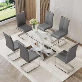 Table and chair set.63"x35.4 Rectangular Transprant Tempered glass Dining Tabletop with White MDF OC shaped bracket.Paried with 6 Dark Gray high-quali