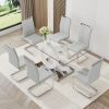 Table and chair set.63"x35.4 Rectangular Transprant Tempered glass Dining Tabletop with White MDF OC shaped bracket.Paried with 6 Light Gray high-qual