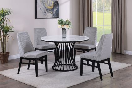 5pc Dining Set Contemporary Modern Style White Faux Marble Round Table Cage Like Base Light Gray Fabric Upholstery Dining Wooden Furniture Black Finis