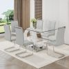 Table and chair set.63"x35.4 Rectangular Transprant Tempered glass Dining Tabletop with White MDF OC shaped bracket.Paried with 6 Light Gray high-qual