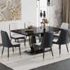 Table and chair set.63"W x 37"D x 30"H Black Marble MDF DiningTable Set with 6 White and Dark Gray spliced PU Chairs with black metal legs.Bring a com